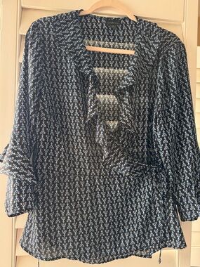 Worthington Navy and White Long Sleeve Ruffle Wrap Dress